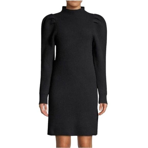 Sandro Puff Sleeve Ribbed Knit Wool Sweater Dress in Black Size 36 US Small 4 - Picture 1 of 11